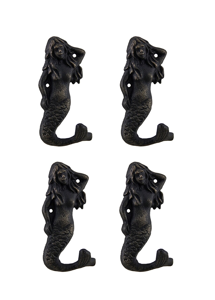 Set of 4 Blackened Bronze Finish Cast Iron Mermaid Wall Hooks